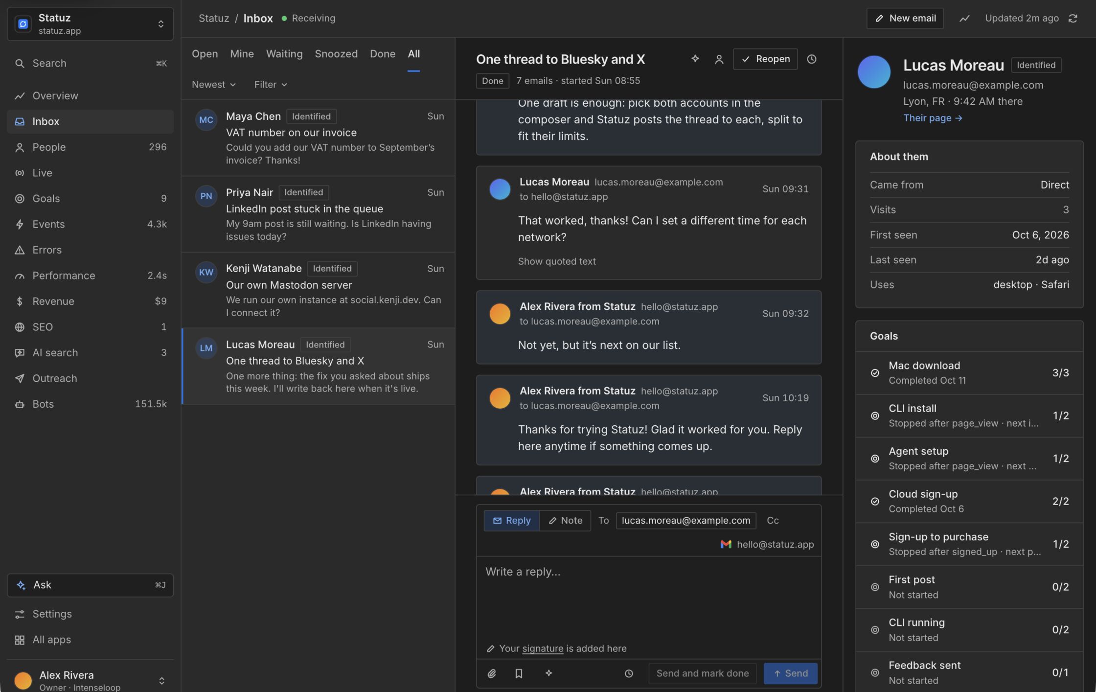 Inbox: a thread with a customer, their details and goals beside it, and the reply box.