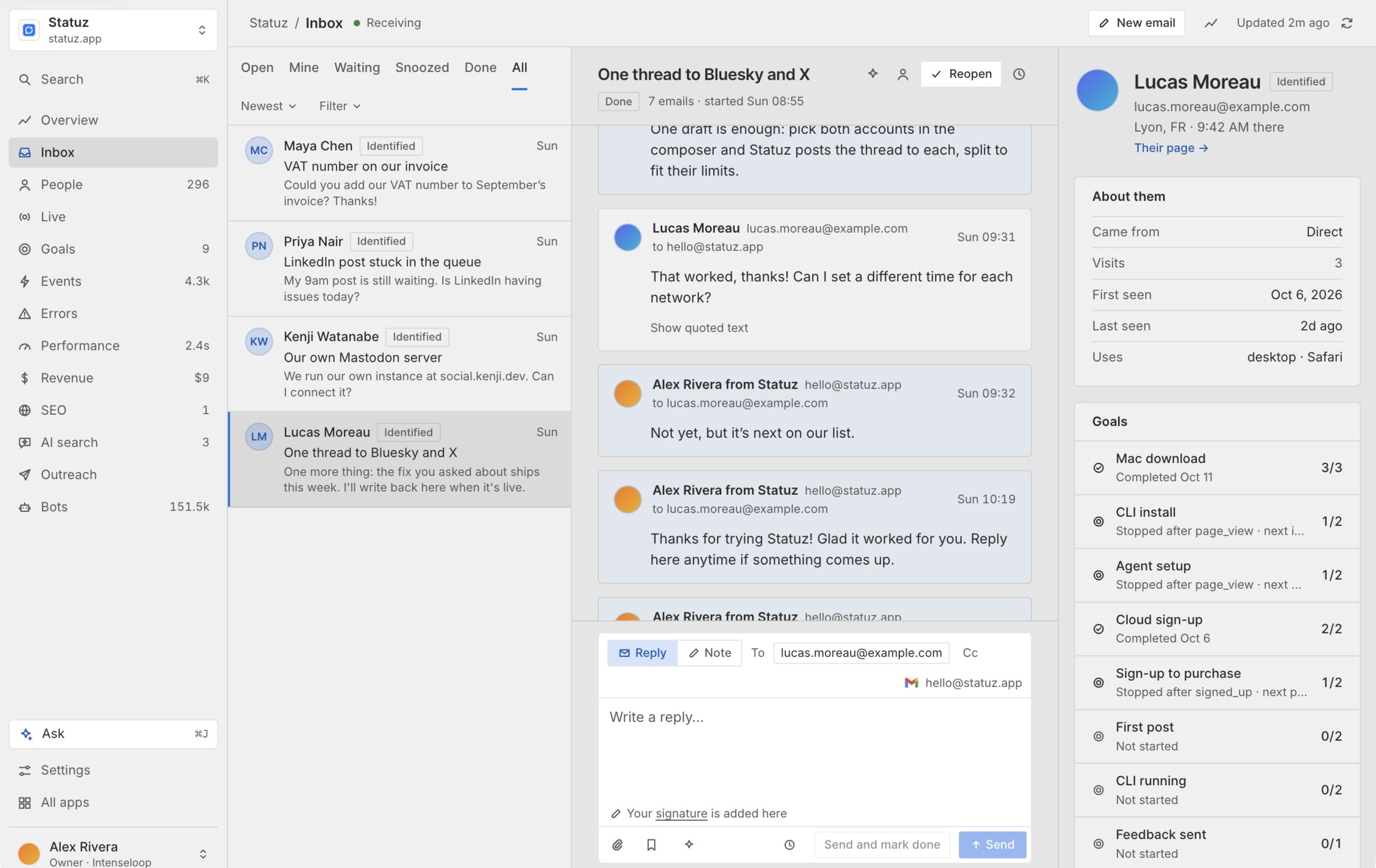 Inbox: a thread with a customer, their details and goals beside it, and the reply box.